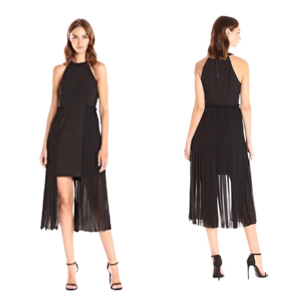 Rachel Roy High Neck Crepe Dress With Chiffon Overlay Black NWT Sz 8 Hi Low - Picture 1 of 11